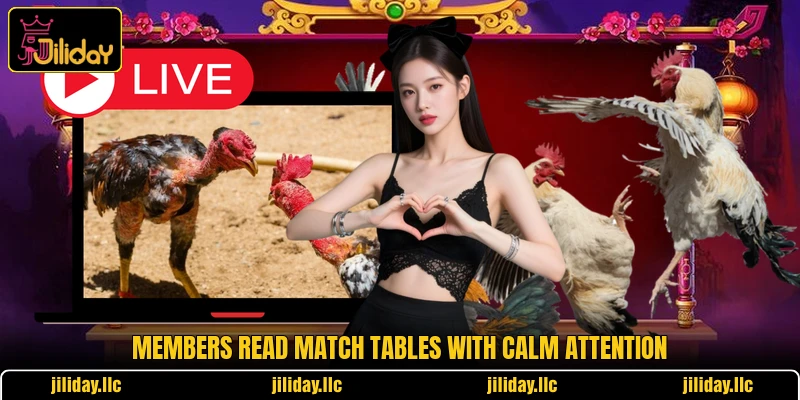 Members read match tables with calm attention